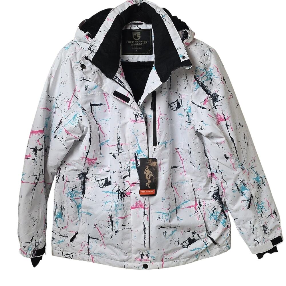 Free Soldier Waterproof White Abstract Splatter Ski Jacket Womens Size Large NWT